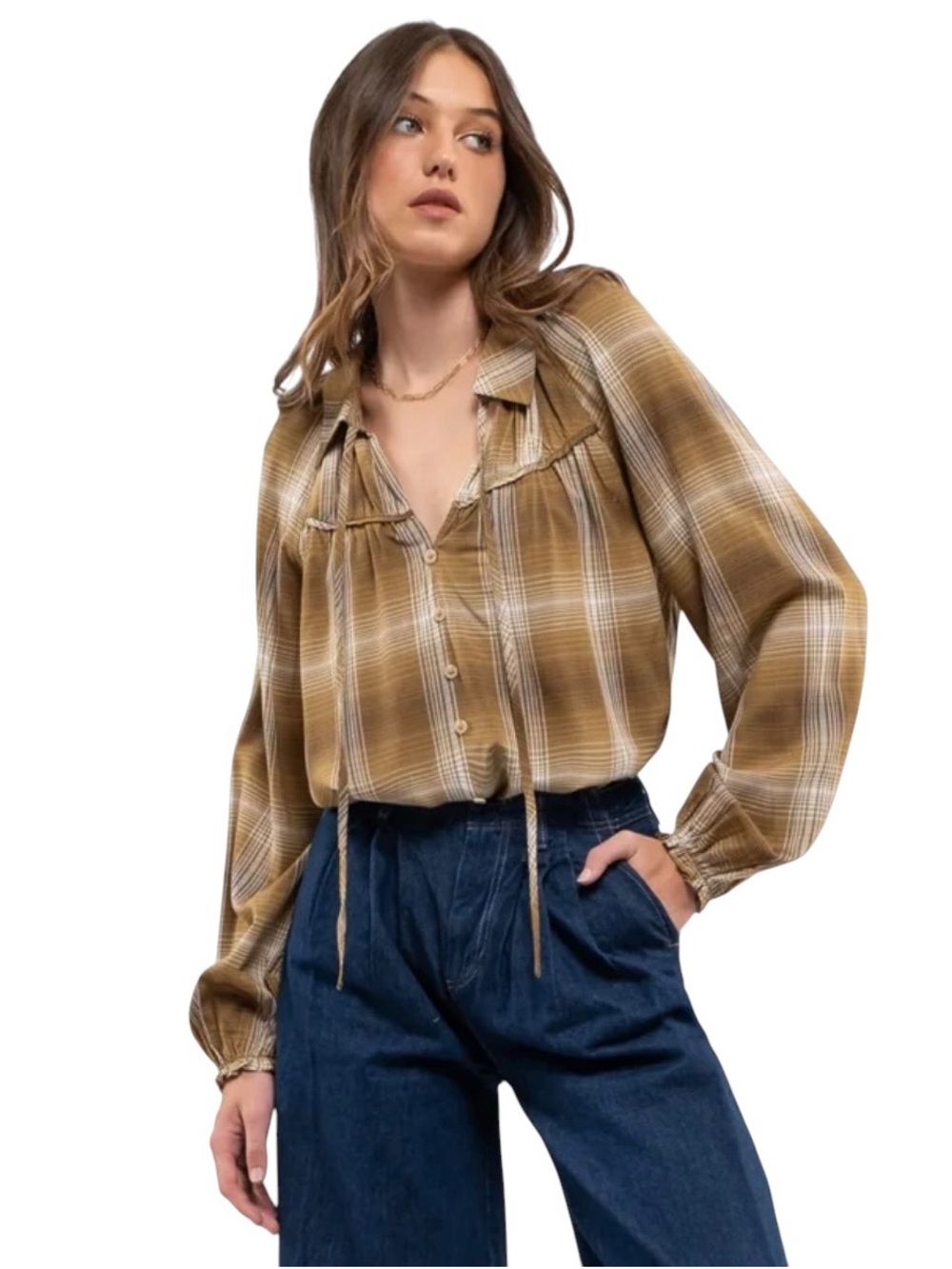 Blu Pepper Plaid Button-Down smocked peasant casual Shirt Tan Cream size small - Picture 2 of 12